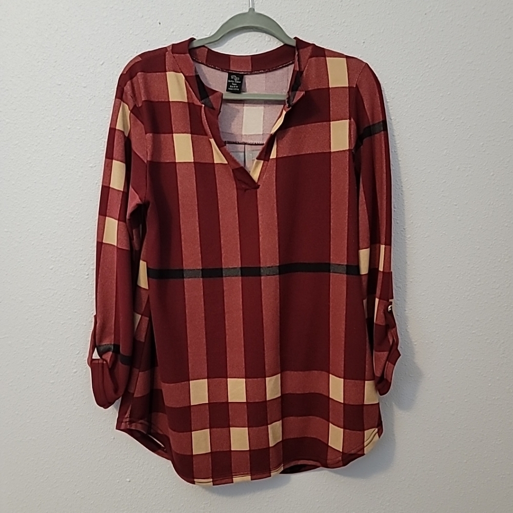 Women's Casual 2/3 Sleeve V-Neck Plaid Shirt Pullover Sz S-M  Flannel